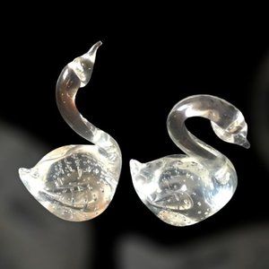Glass Swan Figurine Controlled Bubbles 4" Clear Set of 2 Vintage